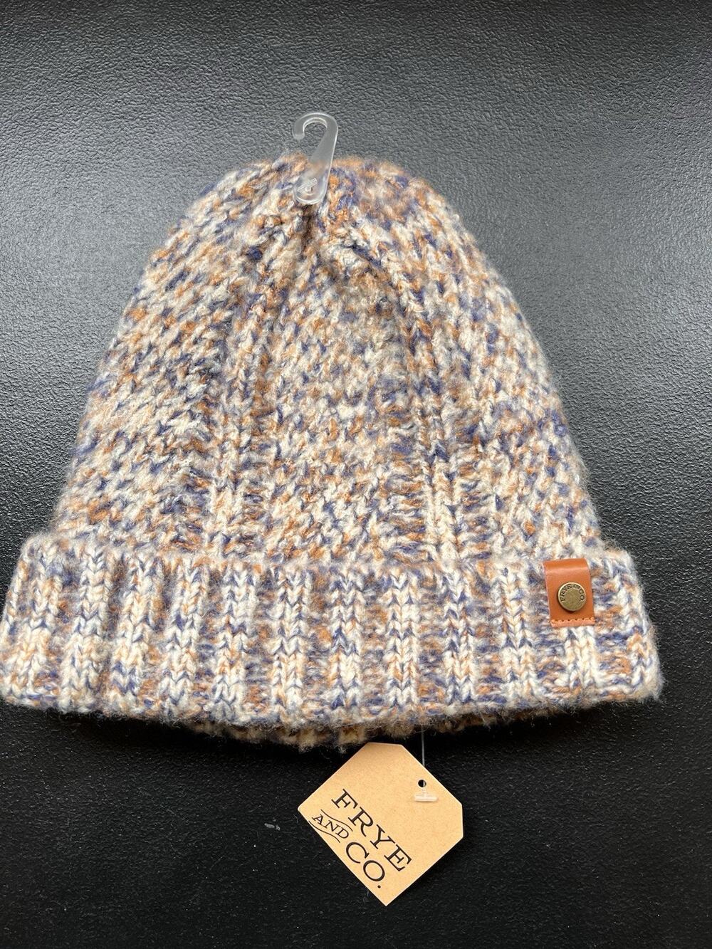 Frye and Co. Women Beanie Hat Tan Blue Chunky Knit One Size Winter Ski New